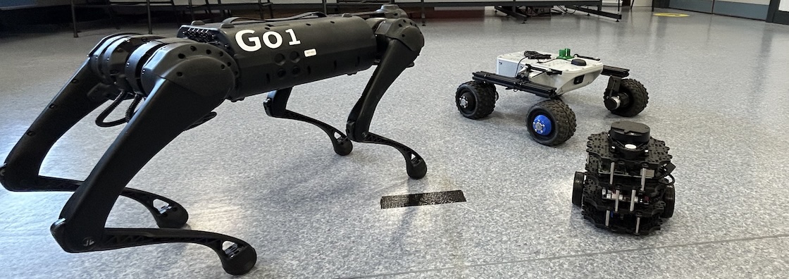some of the mobile robots in the MU Lab: GO1 dog, LeoRover and Turtlebot burger