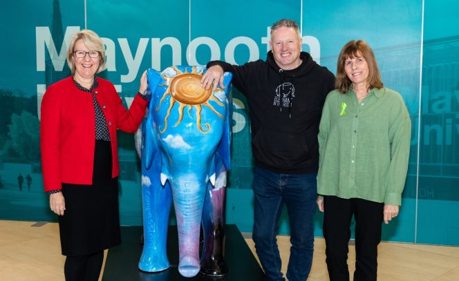 1 women in a red jacket, with a colourful Elephant mental health sculpture depicting Darkness into Light, with a man in a black hoodie, dark blue jeans and woman in green blouse and dark pants