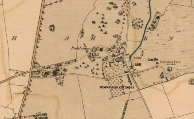 1842 survey map showing Ralahine estate, with the location of buildings still standing also marked