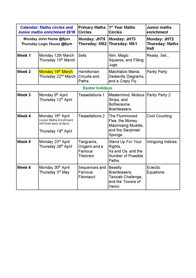 Maths Circles & Junior Enrichment Calendar Image