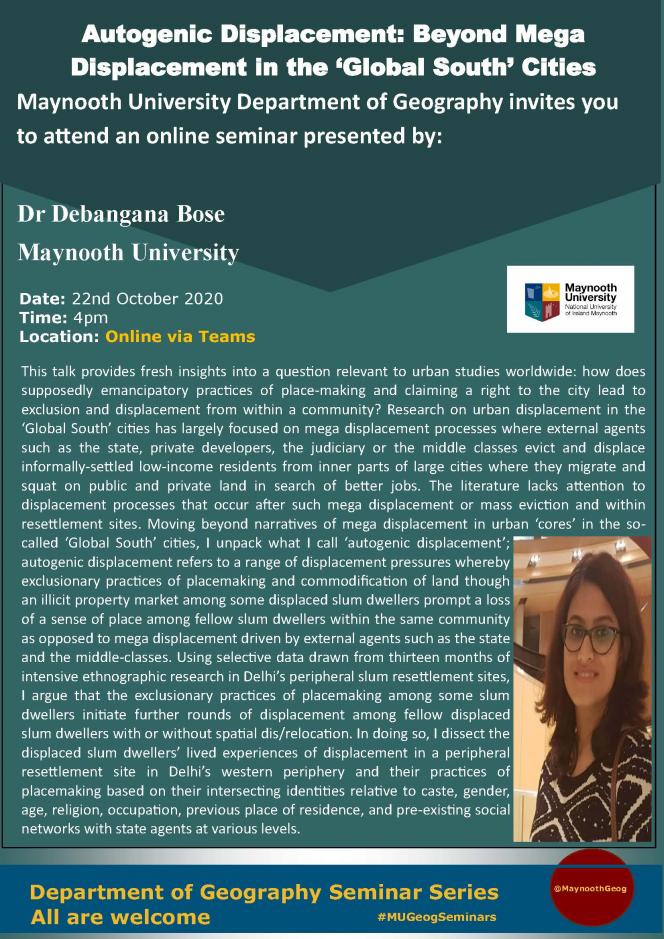 Poster for Dr Debangana Bose online seminar on 22nd Oct with the Department of Geography