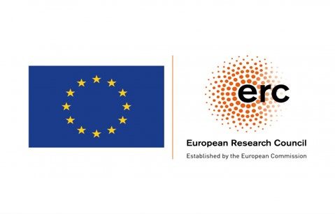 Left: Blue background with a circle of yellow stars typically referred to as the European Union flag. Right: ERC in black with a red dots forming a circle in the background at the bottom it reads European Research Council