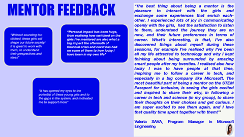 Mentor Feedback. The best thing about being a mentor is the pleasure to interact with the girls and exchange some experiences that enrich each other. I experienced lots of joy in communicating openly with the girls, had the satisfaction to listen to them, understand the journey they are on now, and their future preferences in terms of career. Valeria SAVA, Programme manager in Microsoft engineering.