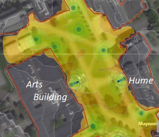 A map detailing the outdoor wifi coverage between Hume building and the Arts block.