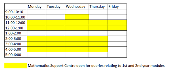 Maths Support Centre - 1st & 2nd Year hours, Sem 1, 2023/24