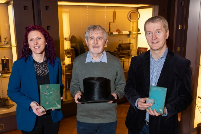 Pictured left to right: Dr Tracey Ní Mhaonaigh, Head of the Department of Modern Irish, Dr Mícheál Briody, nephew of Fr Ó hIceadha agus Prof Fionntán de Brún, Professor of Modern Irish, in Maynooth University Museum.