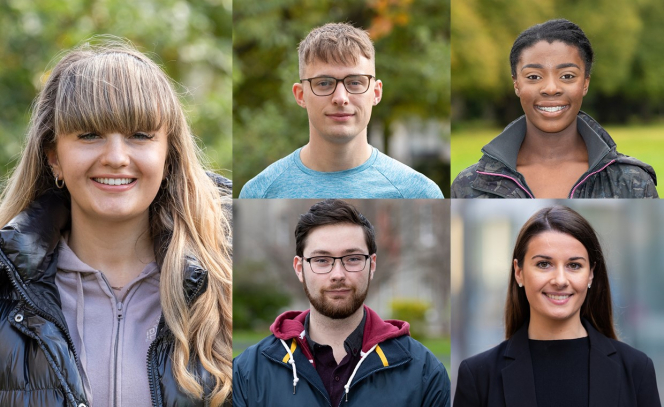 A collage of 5 students smile to camera