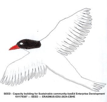 SEED LOGO, a white bird, with a black head and a red beak.
