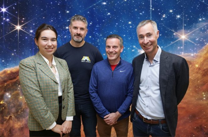 space week event speakers one woman and three men against a backdrop of space and stars