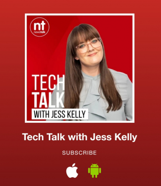 Red Background with Jess Kelly - Tech Talk with Jess Kelly in white font