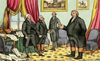old caricature of the Four Courts in 19th centure Dublin depicting four well dressed lawyers