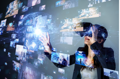 Graphic image of person in a virtual reality headset