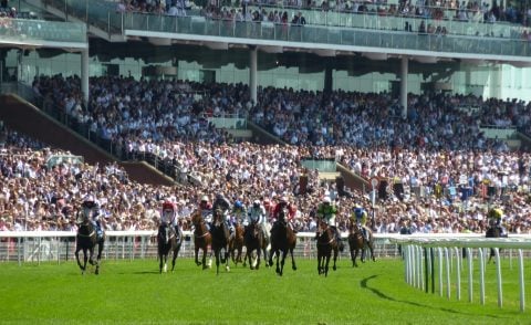 Horse racing event taking place on racecourse with a big audience in attendance