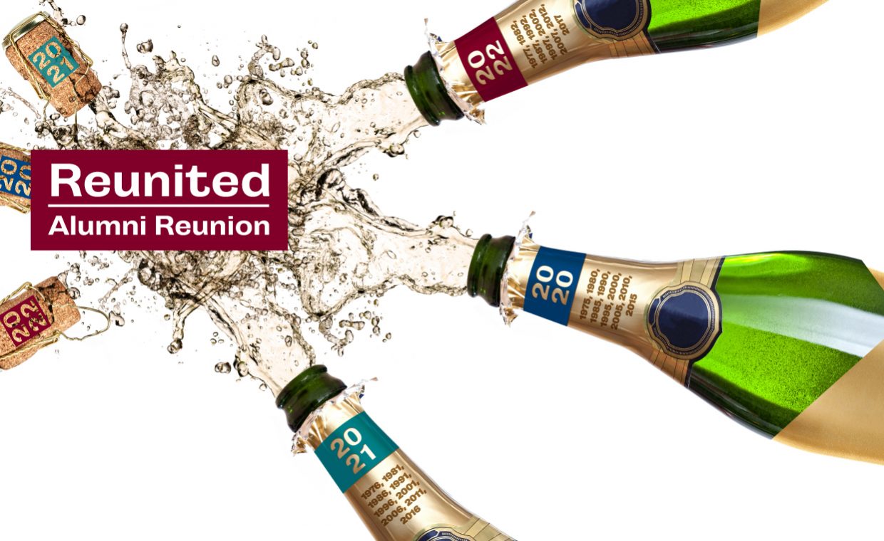 Text reads "Reunited: Alumni reunion" over a background of champagne corks popping from bottles.  The neck and cork of each bottle have the reunion year printed on them