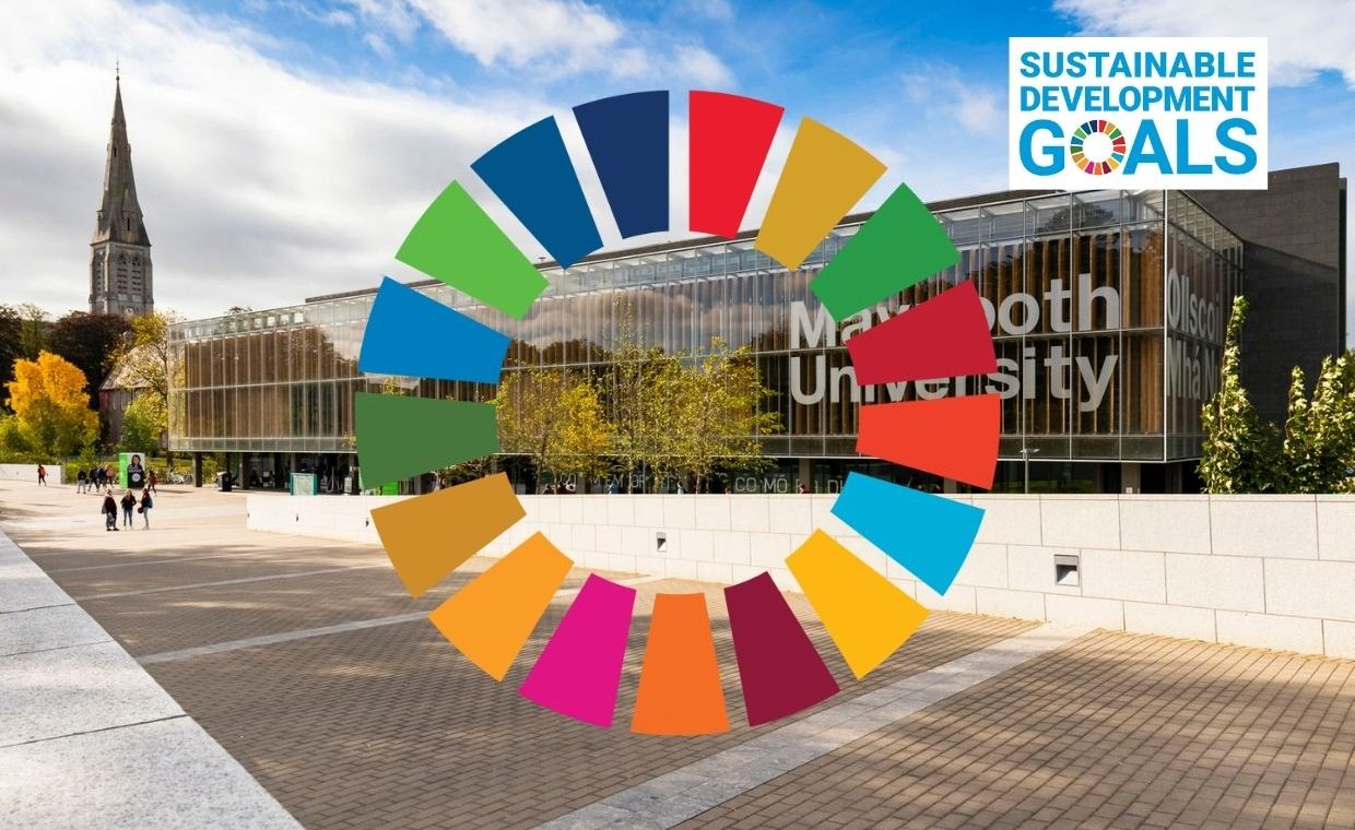 The UN Sustainable Development wheel, which has one coloured wedge for each of its goal areas, over a picture of the library taken on a bright day from the Kilcock road entrance