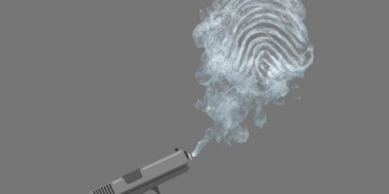 A black gun with smoke coming out with a fingerprint 