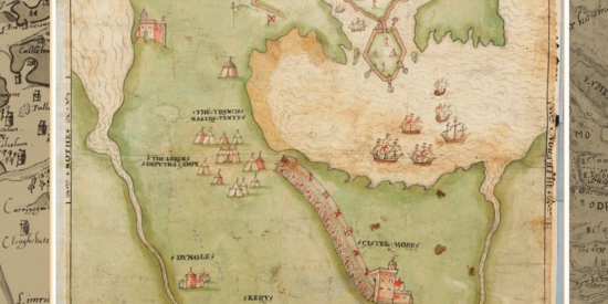 An early map of the dingle peninsula with land marked in green with small boats and sea marked by wavey lines