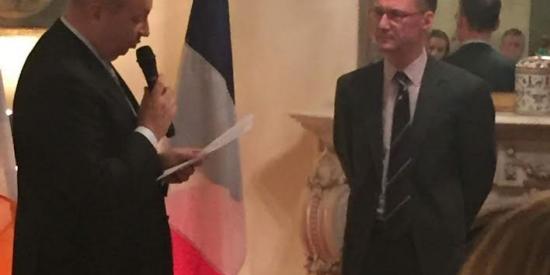 Dr Éamon Ó Ciosáin, Lecturer in French, NUI Maynooth, was awarded the honour of Chevalier dans l’Ordre des Palmes Académiques at a ceremony held at the Residence of the French Ambassador on Wednesday 23rd November. Awards of the Ordre des Palmes Académiques, created by Emperor Napoléon Bonaparte, recognise achievements in the educational and cultural sphere and the promotion of French language and culture. Among the aspects of Dr Ó Ciosáin’s work his contribution to French-Irish relations in the field of hi