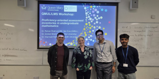 Dr Diarmaid Hyland (MU), Dr Sinéad Breen (DCU), Dr Rehan Shah (QMUL), Ilanthiraiyan Sivagnanamoorthy (QMUL) stand in front of a screen with a powerpoint presentation