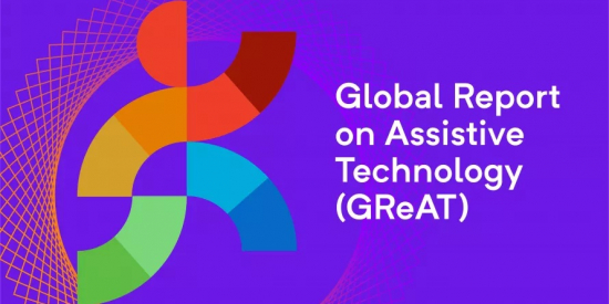 White font Global Report on Assistive Technology (GReAT) Purple background curved shapes placed together in the shape of a person in colourful sections. Official Logo