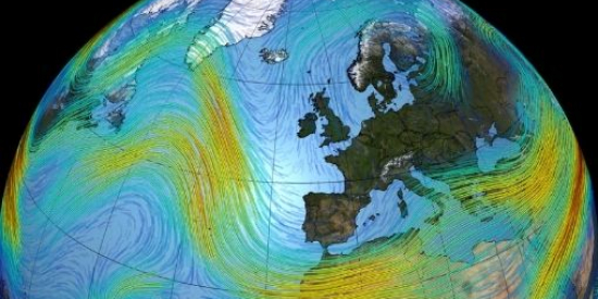 This visualization of the European Jet Stream overlaid on the globe, focussed on the Atlantic Ocean and Europe