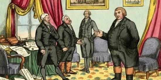 old caricature of the Four Courts in 19th centure Dublin depicting four well dressed lawyers