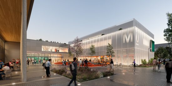 architectural plans of new MU Sports Science Building - large glass building, U shaped plans