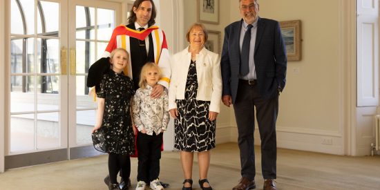 Photograph of novelist Paul Lynch with his children Amelie and Elliot and parnts Mary & Pat at the University of Limerick