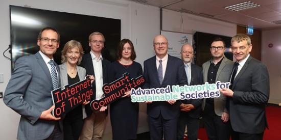 Pictured left to right: Prof. Dirk Pesch (UCC), Prof. Siobhan Clarke (TCD), Adrian Normanton (ublox), Dr Deirdre Desmond (MU), Prof Mark Fergusson (SFI), Prof. John Barrett (CIT), Keith Ellis (Intel Labs Europe), Prof. Max Ammann (TU Dublin)