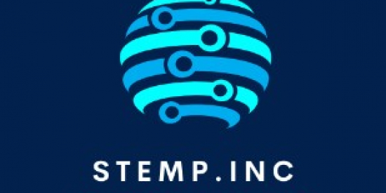 Dark blue background, 3D circle made up of Turquoise and light blue lines with circles. STEMP Inc in white font, passport for inclusion light blue font