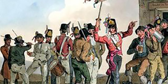 'British army recruiting party entices civilians to enlist', by R. and D. Havell after George Walker, published in 1814. Image courtesy of Wikimedia.