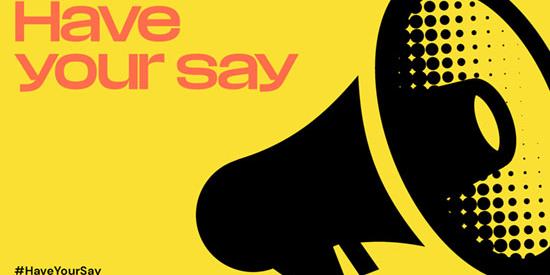 A megaphone on a yellow background with the text 'have your say'