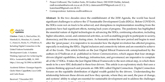 ‘Including Digital Connection in the United Nations Sustainable Development Goals: A Systems Thinking Approach for Achieving the SDGs’ in Sustainability. First Page screen Grab