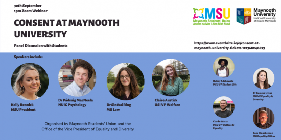 Consent at Maynooth University - Panel discussion with students taking place at 1pm on the 30th of September via Zoom.
