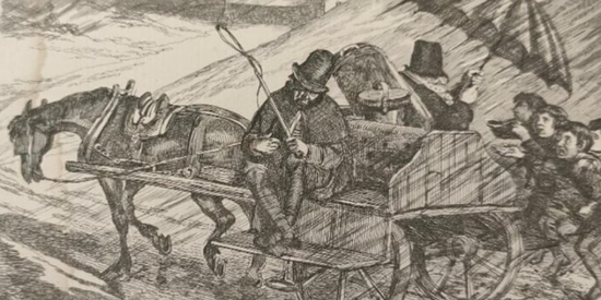 black and white image of a jaunting car in the rains from 1835