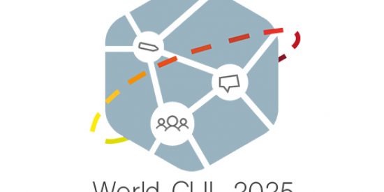 Logo for CLIL, a blue 5 sided image, with an images of people, speech bubble and pen. There is a ring of red and yellow lines circling around it.  