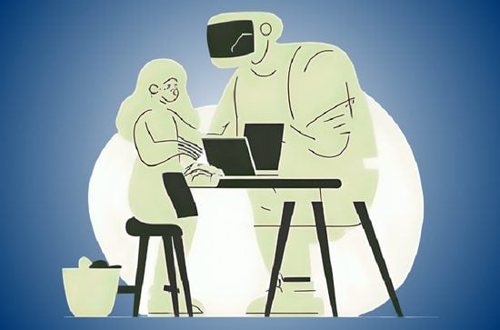 Graphic line drawing of a robot and a girl at a table, the robot is explaining something to the girl.