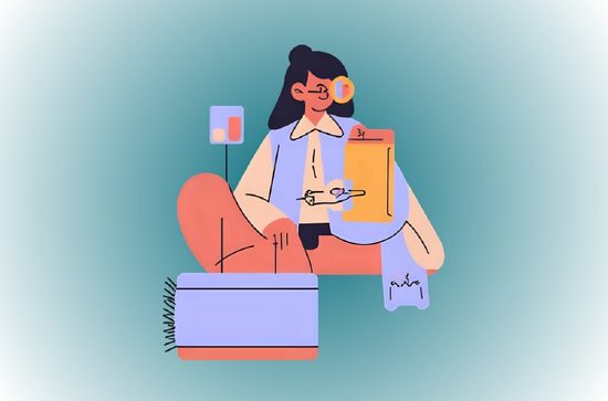 Graphic of a girl studying in a seated position, abstract.
