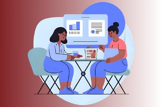 Graphic of two girls sitting at a table working through documents, abstract.