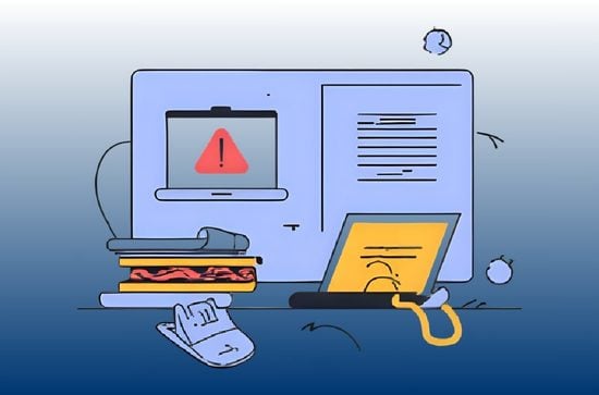 Graphic, abstract, of documents, a laptop, and desk items.