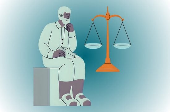Graphic of a thinking man, seated, looking at a scales to indicate the idea of justice.