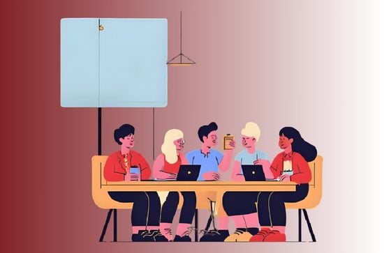 Graphic of five people talking around a table, a screen behind them.