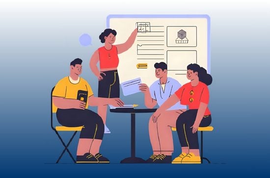 Graphic of a teacher at a screen explaining something to three seated students.