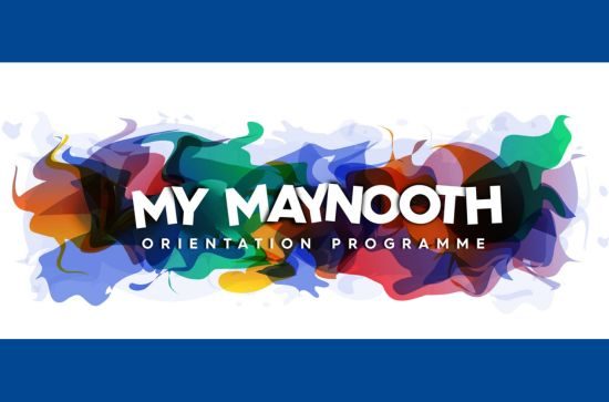 My Maynooth Orientation Programme with colour splash background on light blue.